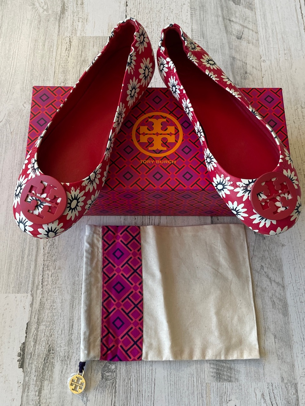 Tory Burch Red Primrose Floral Logo Reva Ballet Flats Leather 8.5